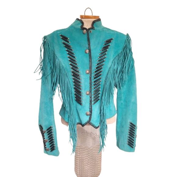 Cripple Creek Jackets & Blazers - Vtg Cripple Creek Western Boho Fringe Leather Jacket MEDIUM Cowgirl Rodeo Blue M